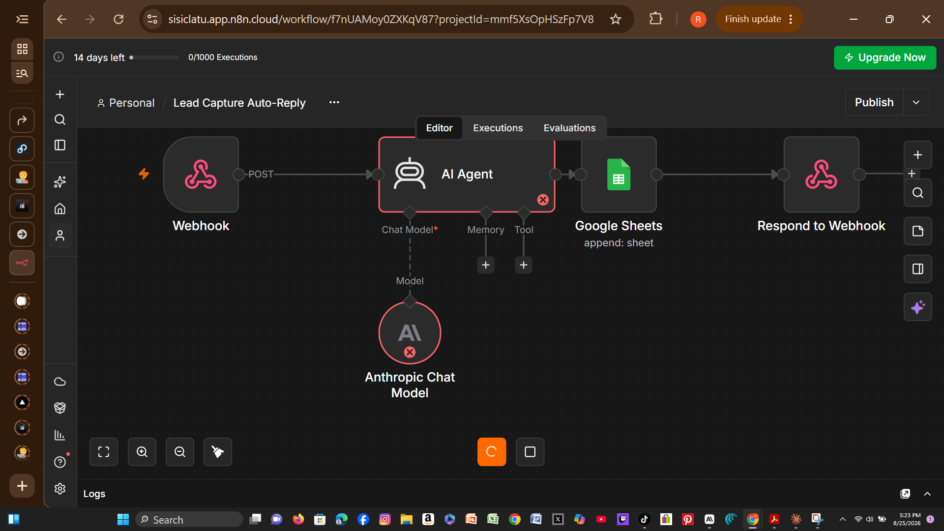 Failed Execution — Lead Capture Auto-Reply n8n automation