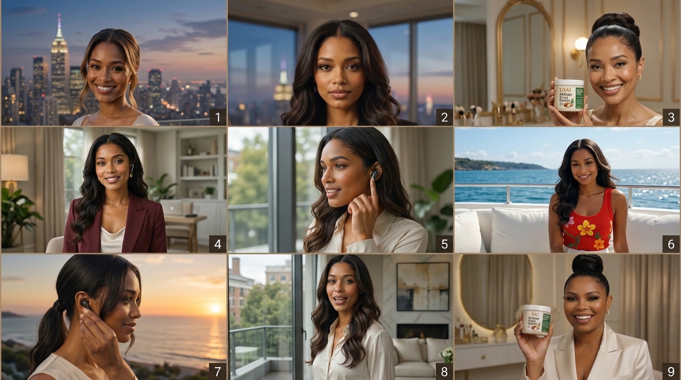 AI-generated visual storyboard grid showing nine brand and lifestyle scenes